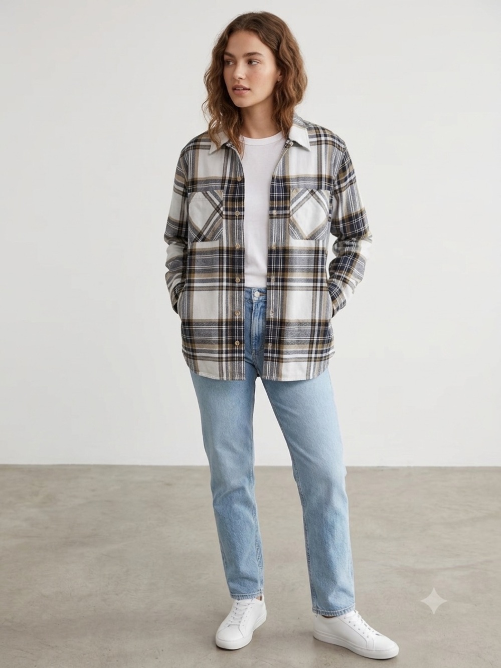 TNA Tan and Blue Plaid Utility Shacket Oversized